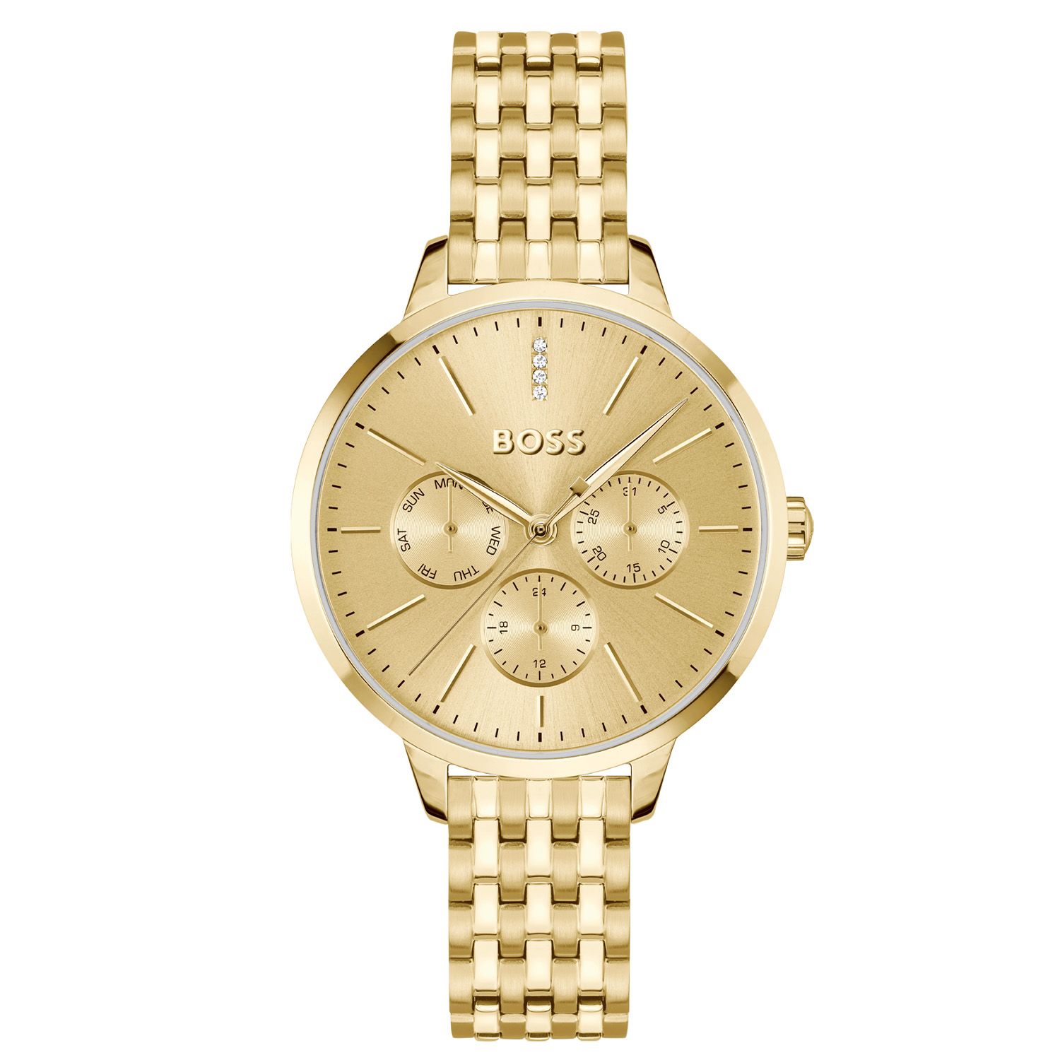 BOSS HB1502782 SYMPHONY Dameshorloge 38mm 
Dit BOSS horloge uit de SYMPHONY serie met artikelnr: HB1502782 heeft een elegante uitstraling. Zeer geschikt voor de moderne stijlvolle vrouw van nu. Het dameshorloge valt op door zijn goudkleurige stalen horlogekast met een gladde bezel en een goudkleurige sunray wijzerplaat met een dag, datum en 24-uursaanduiding. Opvallend zijn de fijne wijzers, 4 kristallen op de 12 en het strakke BOSS logo. Aan de kast zit een mat glanzende zeer fijne goudkleurige stalen schakelband zit met een vouwsluiting. Het horloge heeft een doorsnee van 38mm met een mineraalglas en is 3ATM. 

HET MERK:
HUGO BOSS is afgestemd op levensstijlen waar het gaat om kwaliteit en precisie. Het wereldwijde fashionlabel is verdeeld in twee merken: BOSS en HUGO. Het merk BOSS biedt geavanceerde, moderne horloges gericht op kwaliteit en design om een onberispelijke look te creëren – of het nu zakelijk, casual of sportief is. De horloge collectie van BOSS is perfect afgestemd op levensstijlen waar het gaat om kwaliteit en precisie. BOSS is op maat gemaakt in een onberispelijke stijl.

Blijf stijlvol bij de tijd. Voor de BOSS-vrouw is stijl het handelsmerk en draait alles om
details. Breng uw look naar een hoger niveau met onze nieuwe en kenmerkende horlogecollectie.

SPECIFICATIES:
- Mineraalglas
- Ronde kastvorm, Ø 38mm
- Stalen horlogekast
- Goudkleurige wijzerplaat met kristal
- Stalen schakelband
- 3ATM