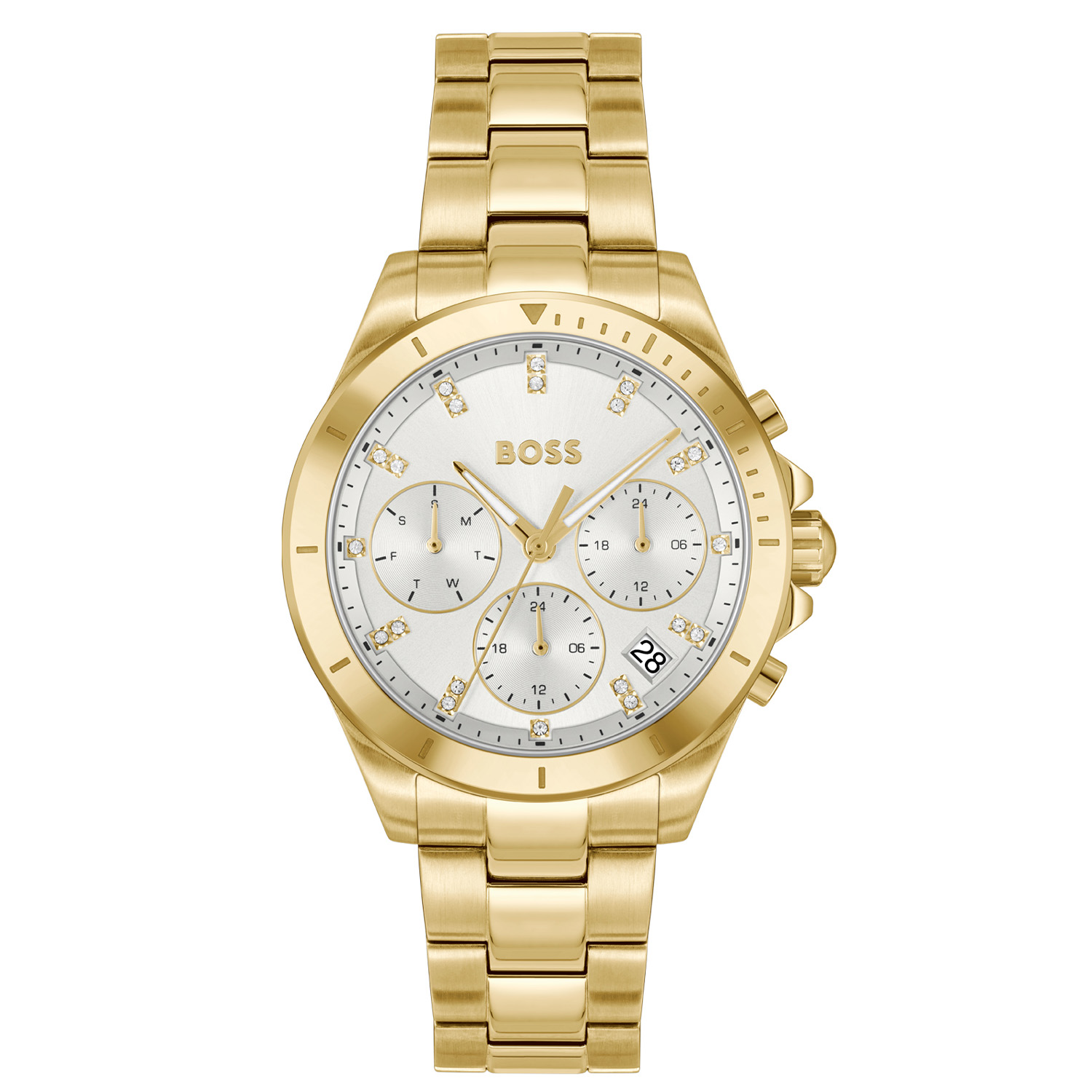 BOSS HB1502829 ALLEY Dameshorloge 36mm
Dit BOSS horloge uit de ALLEY serie met artikelnr: HB1502829 heeft een sportieve uitstraling. Geleend van de jongens is dit horloge meer dan alleen een tijdmeter; het legt de essentie vast van mannelijke elegantie met vrouwelijke charme. ALLEY is een dagelijkse bevestiging van je toewijding om te leiden, te innoveren en te veroveren. Het gaat niet alleen om de tijd bijhouden, maar ook om elk moment te grijpen en er je eigen draai aan te geven. Dit dameshorloge valt op door zijn stalen goudkleurige horlogekast met een goudkleurige bezel en een zilverwitte sunray wijzerplaat met een dag, datum en 24-uursaanduiding. De uren worden aangeduidt met kristallen. Aan de kast zit een goudkleurige schakelband met een vouwsluiting. Het horloge heeft een doorsnee van 36mm met een mineraalglas en is 5ATM. 

HET MERK:
HUGO BOSS is afgestemd op levensstijlen waar het gaat om kwaliteit en precisie. Het wereldwijde fashionlabel is verdeeld in twee merken: BOSS en HUGO. Het merk BOSS biedt geavanceerde, moderne horloges gericht op kwaliteit en design om een onberispelijke look te creëren – of het nu zakelijk, casual of sportief is. De horloge collectie van BOSS is perfect afgestemd op levensstijlen waar het gaat om kwaliteit en precisie. BOSS is op maat gemaakt in een onberispelijke stijl.

Blijf stijlvol bij de tijd. Voor de BOSS-vrouw is stijl het handelsmerk en draait alles om
details. Breng uw look naar een hoger niveau met onze nieuwe en kenmerkende horlogecollectie.

SPECIFICATIES:
- Mineraalglas
- Ronde kastvorm,Ø36mm
- Stalen goudkleurige horlogekast
- Zilverwitte wijzerplaat
- Stalen goudkleurige schakelband
- Kristal  
- 5ATM
