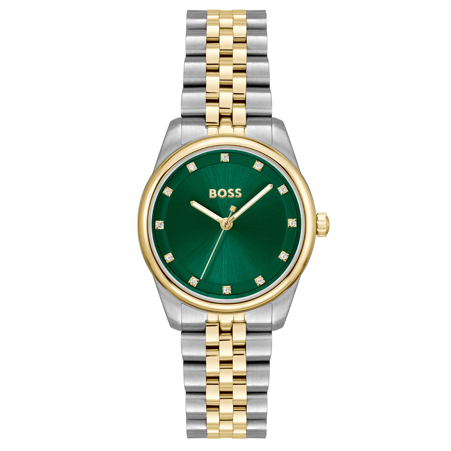 BOSS HB1502834 GRACEFUL PRECIOUS Dameshorloge 32mm
Dit BOSS horloge uit de GRACEFUL PRECIOUS serie met artikelnr: HB1502834 heeft een chique uitstraling. Dit model combineert naadloos klassiek design met eigentijdse allure. De ronde wijzerplaat, een eeuwig symbool van perfectie, straalt een ingetogen zelfvertrouwen en verfijning uit, een elegant formaat, verrijkt met prachtige kristallen. Dit dameshorloge valt op door zijn stalen horlogekast met een goudkleurige bezel en een groene sunray wijzerplaat met fijne wijzers en kristallen als uursaanduiding. Aan de kast zit een bicolor schakelband met een vouwsluiting. Het horloge heeft een doorsnee van 32mm met een mineraalglas en is 3ATM. 

HET MERK:
HUGO BOSS is afgestemd op levensstijlen waar het gaat om kwaliteit en precisie. Het wereldwijde fashionlabel is verdeeld in twee merken: BOSS en HUGO. Het merk BOSS biedt geavanceerde, moderne horloges gericht op kwaliteit en design om een onberispelijke look te creëren – of het nu zakelijk, casual of sportief is. De horloge collectie van BOSS is perfect afgestemd op levensstijlen waar het gaat om kwaliteit en precisie. BOSS is op maat gemaakt in een onberispelijke stijl.

Blijf stijlvol bij de tijd. Voor de BOSS-vrouw is stijl het handelsmerk en draait alles om
details. Breng uw look naar een hoger niveau met onze nieuwe en kenmerkende horlogecollectie.

SPECIFICATIES:
- Mineraalglas
- Ronde kastvorm,Ø36mm
- Stalen horlogekast
- Groene wijzerplaat
- Stalen bicolor schakelband
- Kristal  
- 3ATM
