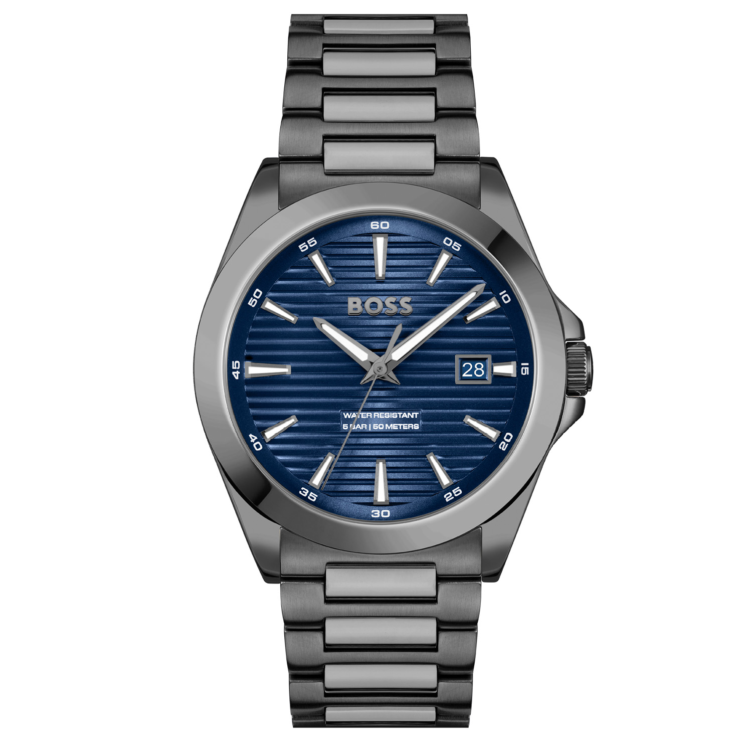 BOSS HB1514175 STRIKE Herenhorloge 41mm 
Dit BOSS horloge uit de STRIKE serie met artikelnr: HB1514175 heeft een luxe sportieve uitstraling. Zeer geschikt voor de moderne stijlvolle man van nu. Het herenhorloge valt op door zijn gunmetal stalen horlogekast met een gladde bezel en een blauwe gelijnde sunray wijzerplaat met een datum. Opvallend zijn de wijzers en uurstrepen die met lumibrite zijn ingelegd. Aan de kast zit een gunmetal stalen mat glanzende schakelband met een vouwsluiting. Het horloge heeft een doorsnee van 41mm met een mineraalglas en is 5ATM. 

HET MERK:
HUGO BOSS is afgestemd op levensstijlen waar het gaat om kwaliteit en precisie. Het wereldwijde fashionlabel is verdeeld in twee merken: BOSS en HUGO. Het merk BOSS biedt geavanceerde, moderne horloges gericht op kwaliteit en design om een onberispelijke look te creëren – of het nu zakelijk, casual of sportief is. De horloge collectie van BOSS is perfect afgestemd op levensstijlen waar het gaat om kwaliteit en precisie. BOSS is op maat gemaakt in een onberispelijke stijl.

Blijf stijlvol bij de tijd. Voor de BOSS-vrouw is stijl het handelsmerk en draait alles om
details. Breng uw look naar een hoger niveau met onze nieuwe en kenmerkende horlogecollectie.

SPECIFICATIES:
- Mineraalglas
- Ronde kastvorm, Ø 41mm
- Stalen gunmetal horlogekast
- Blauwe wijzerplaat
- Stalen gunmetal schakelband
- 5ATM