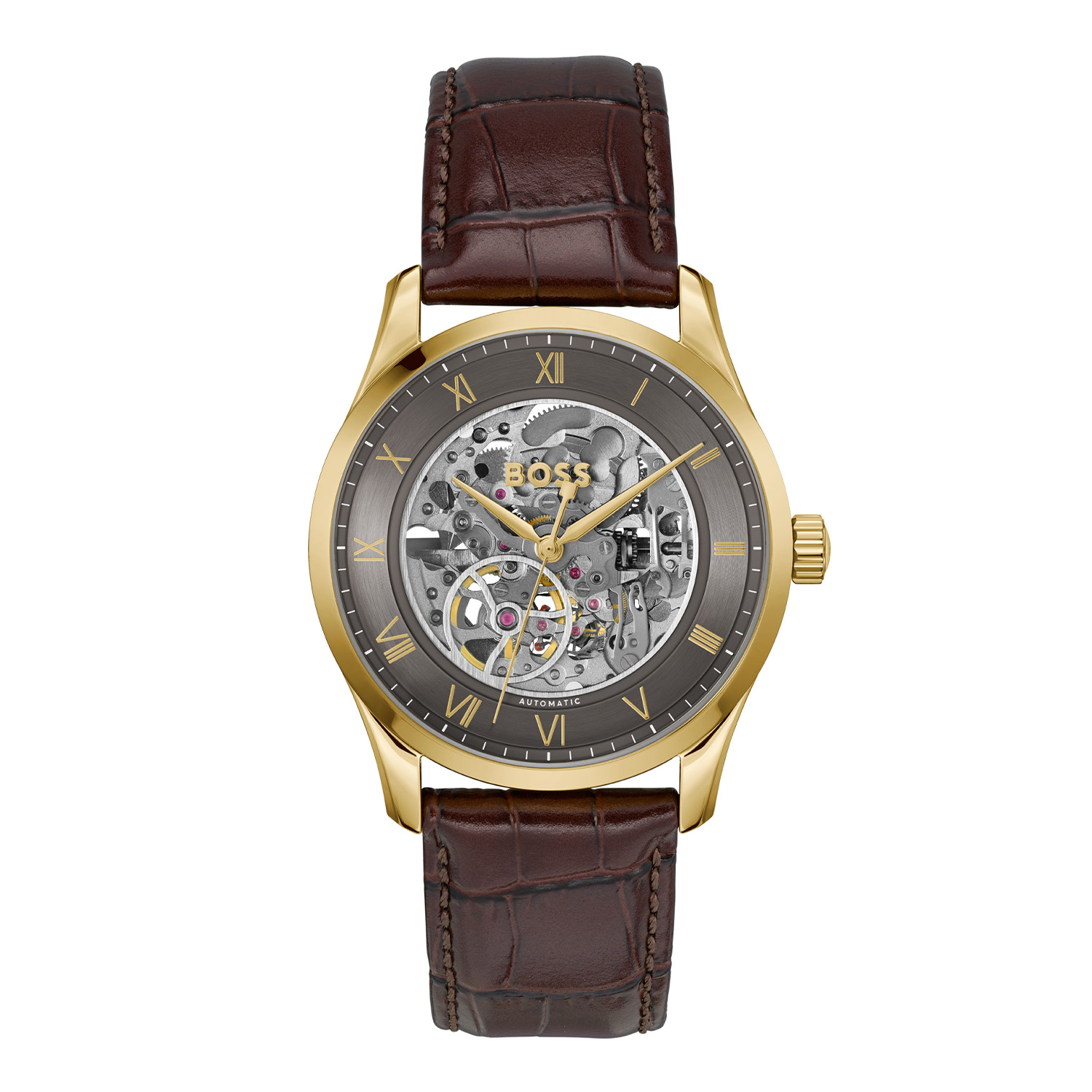 BOSS is voor degenen die een zelfbepaald leven leiden met stijl, passie en doel.

BOSS HB1514235 PRINCIPE SKELETON Herenhorloge automaat 41mm
Dit BOSS horloge uit de PRINCIPE SKELETON serie met artikelnr: HB1514235 heeft een luxe uitstraling. Zeer geschikt voor de moderne stijlvolle man van nu. Het herenhorloge valt op door zijn stalen horlogekast met een gladde bezel en een opengewerkte wijzerplaat met alleen een grijze buitenrand met romeinse cijfers en verfijnde wijzers. Opvallend is het automatische uurwerk dat zowel voor als achter te zien is. Aan de kast zit een bruine leren krokoprint band met een gespsluiting. Het horloge heeft een doorsnee van 41mm met een mineraalglas en is 3ATM. 

HET MERK:
HUGO BOSS is afgestemd op levensstijlen waar het gaat om kwaliteit en precisie. Het wereldwijde fashionlabel is verdeeld in twee merken: BOSS en HUGO. Het merk BOSS biedt geavanceerde, moderne horloges gericht op kwaliteit en design om een onberispelijke look te creëren – of het nu zakelijk, casual of sportief is. De horloge collectie van BOSS is perfect afgestemd op levensstijlen waar het gaat om kwaliteit en precisie. BOSS is op maat gemaakt in een onberispelijke stijl.

Blijf stijlvol bij de tijd. Voor de BOSS-vrouw is stijl het handelsmerk en draait alles om
details. Breng uw look naar een hoger niveau met onze nieuwe en kenmerkende horlogecollectie.

SPECIFICATIES:
- Automatisch uurwerk
- Mineraalglas
- Ronde kastvorm, Ø 41mm
- Stalen horlogekast opengewerkt
- Grijze open wijzerplaat
- Bruine lerenband
- 3ATM