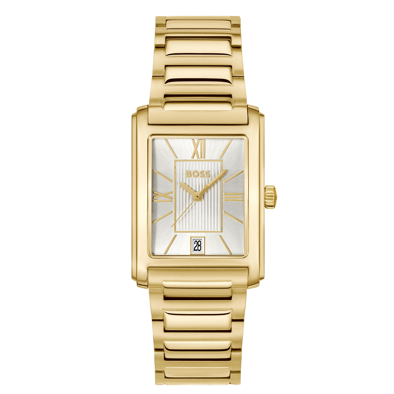 BOSS HB1514280 PRINCIPLE DRESS Herenhorloge 28x39mm
Dit BOSS horloge uit de PRINCIPLE DRESS serie met artikelnr: HB1514280 heeft een stijlvolle uitstraling. Net als principes die de basis van karakter vormen, is onze PRINCIPLE-collectie het juiste voorbeeld van verfijnde stijl. De tijdloze ontwerpen zorgen ervoor dat het elke
garderobe aanvult en dient als een betrouwbaar en stijlvol accessoire voor elke gelegenheid. Met zijn gedurfde maar verfijnde ontwerp blijft de PRINCIPLE DRESS de weg wijzen, het eerdere succes eren en tegelijkertijd de toekomst herdefiniëren in eigentijdse stijl. Dit herenhorloge valt op door zijn stalen rechthoekige goudkleurige gebogen horlogekast met zijn fijn bewerkte zilverwitte wijzerplaat met een datum en deels romeinse uursaanduiding. Aan de kast zit een goudkleurige schakelband met een vouwsluiting. Het horloge heeft een afmeting van 28x39mm met een mineraalglas en is 3ATM. 

HET MERK:
HUGO BOSS is afgestemd op levensstijlen waar het gaat om kwaliteit en precisie. Het wereldwijde fashionlabel is verdeeld in twee merken: BOSS en HUGO. Het merk BOSS biedt geavanceerde, moderne horloges gericht op kwaliteit en design om een onberispelijke look te creëren – of het nu zakelijk, casual of sportief is. De horloge collectie van BOSS is perfect afgestemd op levensstijlen waar het gaat om kwaliteit en precisie. BOSS is op maat gemaakt in een onberispelijke stijl.

Blijf stijlvol bij de tijd. Voor de BOSS-vrouw is stijl het handelsmerk en draait alles om
details. Breng uw look naar een hoger niveau met onze nieuwe en kenmerkende horlogecollectie.

SPECIFICATIES:
- Mineraalglas
- Rechthoekige kastvorm, 28x39mm
- Stalen goudkleurige horlogekast
- Zilverwitte wijzerplaat
- Goudkleurige schakelband
- Datum
- 3ATM