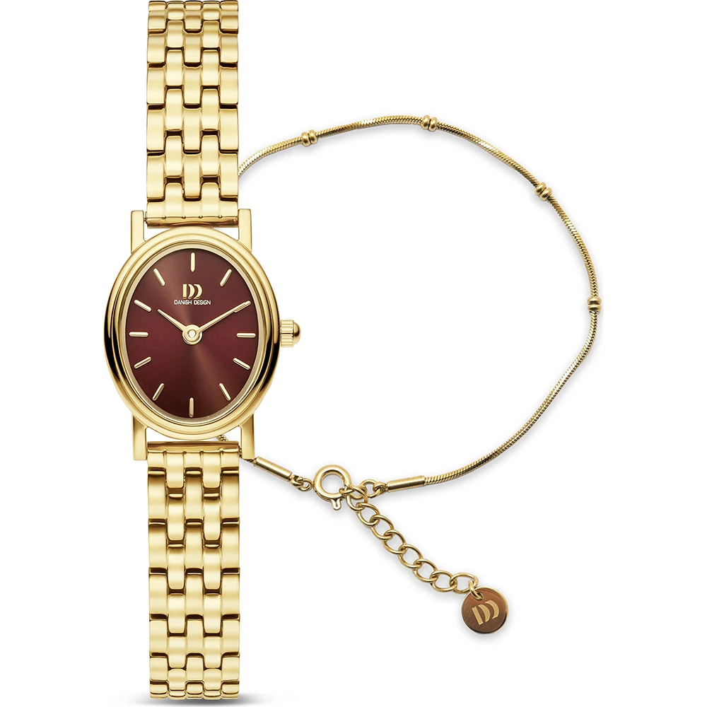 De DANISH DESIGN HORLOGE IV97Q1310-SET heeft een roestvrijstalen kast en band, met een goudkleurige afwerking. Het heeft een mineraalglas, een rode wijzerplaat met streepindexen en een waterdichtheid van 3 ATM. Ideaal voor dagelijks gebruik, dankzij het elegante ontwerp en de quartz uurwerk. Combineer het met zowel casual als zakelijke outfits voor een stijlvolle uitstraling.