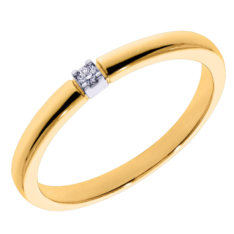 een 14 Krt geelgouden memoire ring met witgouden zetting met een diamant briljant geslepen 0.02 Crt H SI