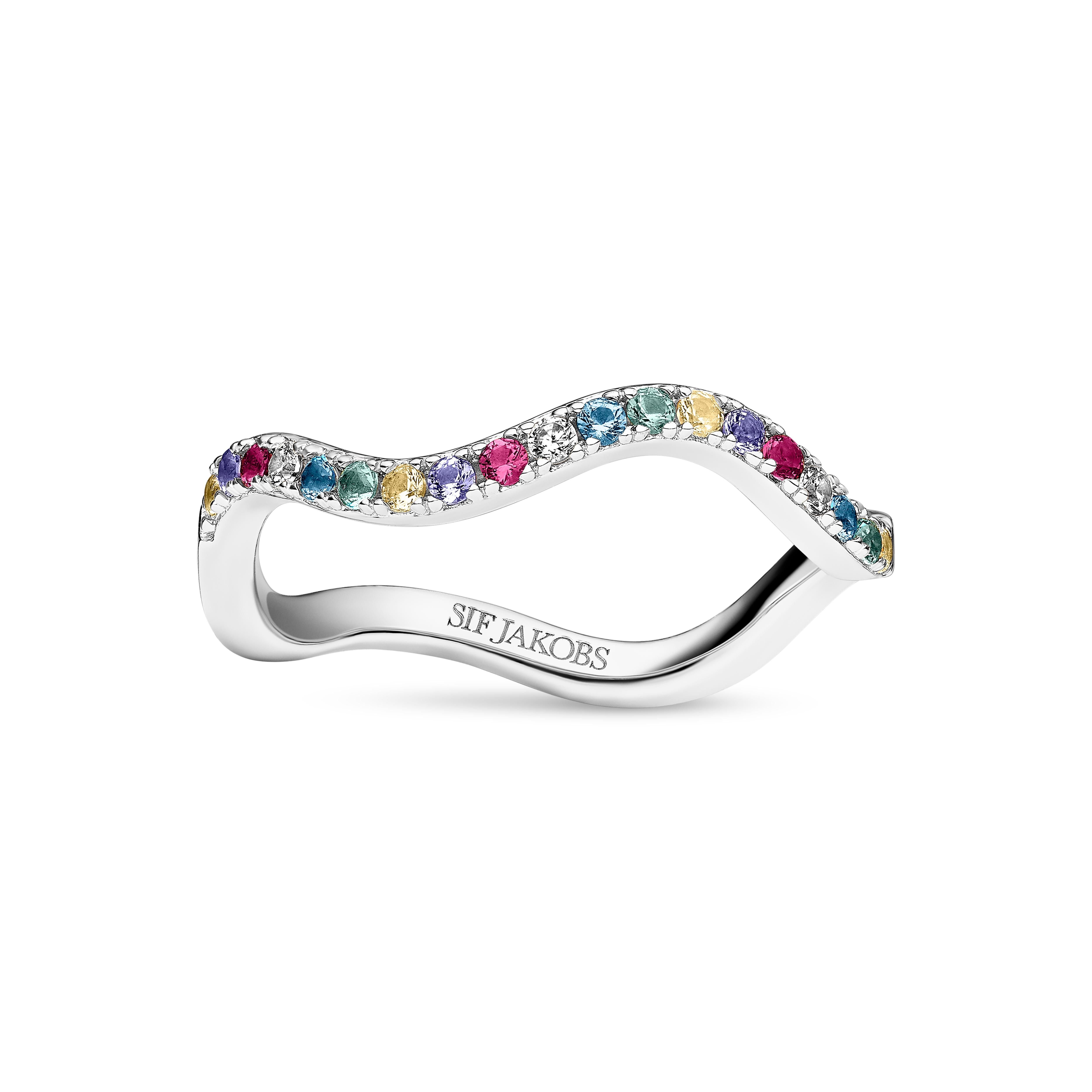 Zilveren ring met gekleurde zirkonia, leuk te combineren met de andere ringen uit deze serie.