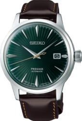 Seiko Presage model SRPD37J1 automaat met groene wijzerplaat en bruin lederen band.