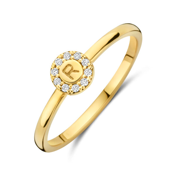 geel gouden ring Minioro initiaal halo diamnant letter S
