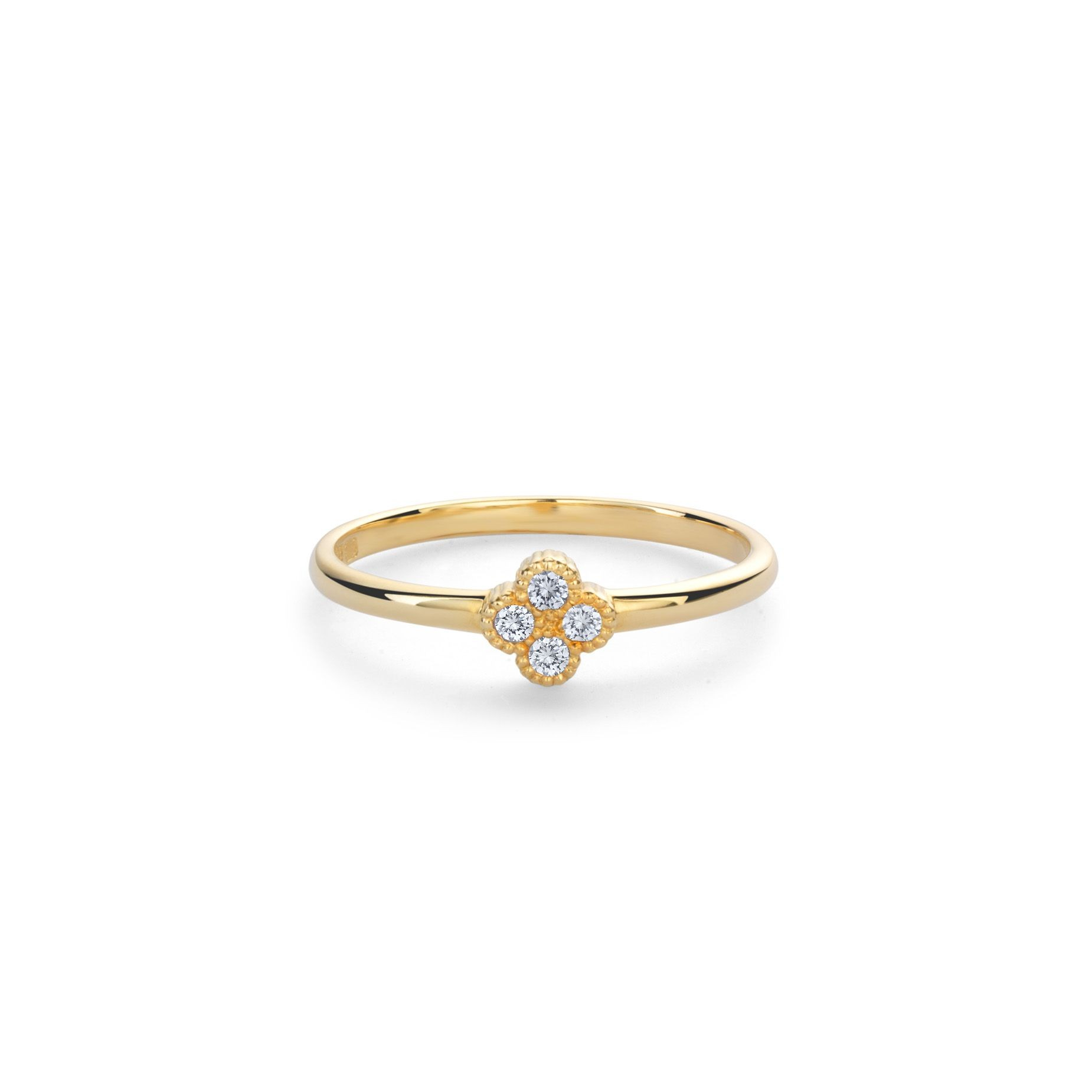 Miss Spring geelgouden ring model the Duchess. De ring heeft 4 diamantjes van 0.02crt PW.