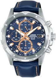 Lorus heren pols horloge quarts chronograaf staal met blauw lederen band. 10 ATM waterdicht.
