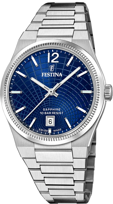 Ben je op zoek naar een stijlvol horloge dat zowel elegant als functioneel is? Dan is de Festina Rive Collection F20052/7 het perfecte horloge voor jou! Dit prachtige horloge heeft een analoge tijdaanduiding en wordt aangedreven door een betrouwbaar quartz uurwerk. Met een diameter van 35 mm en een hoogte van 9 mm heeft dit horloge een perfecte maat die zowel geschikt is voor mannen als vrouwen.

De ronde zilverkleurige behuizing van roestvrij staal geeft dit horloge een moderne uitstraling, terwijl de blauwe wijzerplaat zorgt voor een vleugje kleur en stijl. Het horlogeglas is gemaakt van saffier, wat zorgt voor een krasbestendig en duurzaam horloge.

De zilverkleurige roestvrijstalen band is niet alleen comfortabel om te dragen, maar ook gemakkelijk te combineren met elke outfit. 
