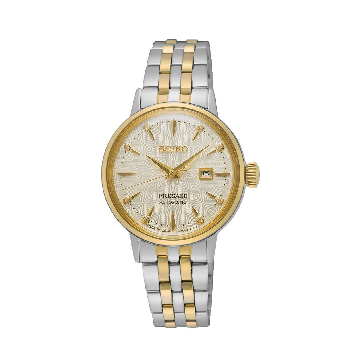 De Presage automatische dameshorloge bicolor SRE010J1 is een elegant polshorloge uit de ongedefinieerde merkencollectie. Deze stijlvolle dameshorloge heeft een bicolor ontwerp en een nauwkeurig automatisch uurwerk. Perfect voor zowel zakelijke als casual gelegenheden. Draag het stevig om de pols voor een elegante uitstraling die elke outfit complimenteert. Een tijdloze aanvulling op elke horlogecollectie.