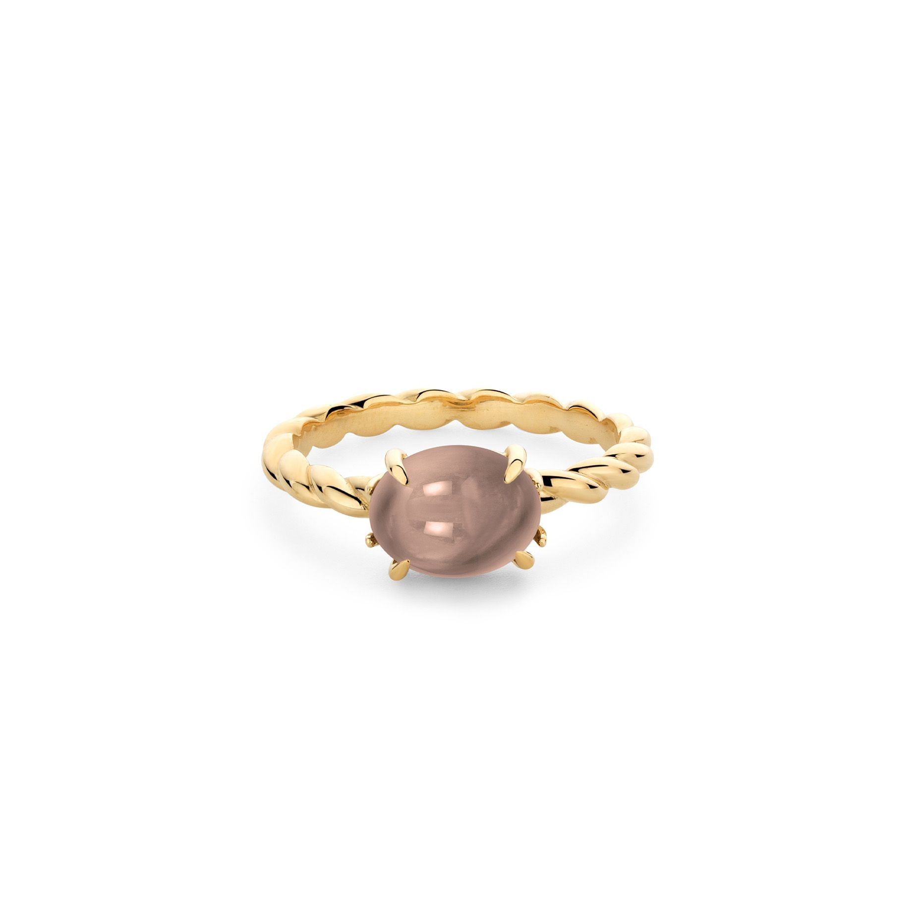 De fijne pootjes van onze Ashton Twist houden de cabochon geslepen middensteen stevig vast. Wij maken ring Ashton Twist met 10 verschillende soorten edelstenen. Gemaakt van 18kts verantwoord geel, wit of roségoud