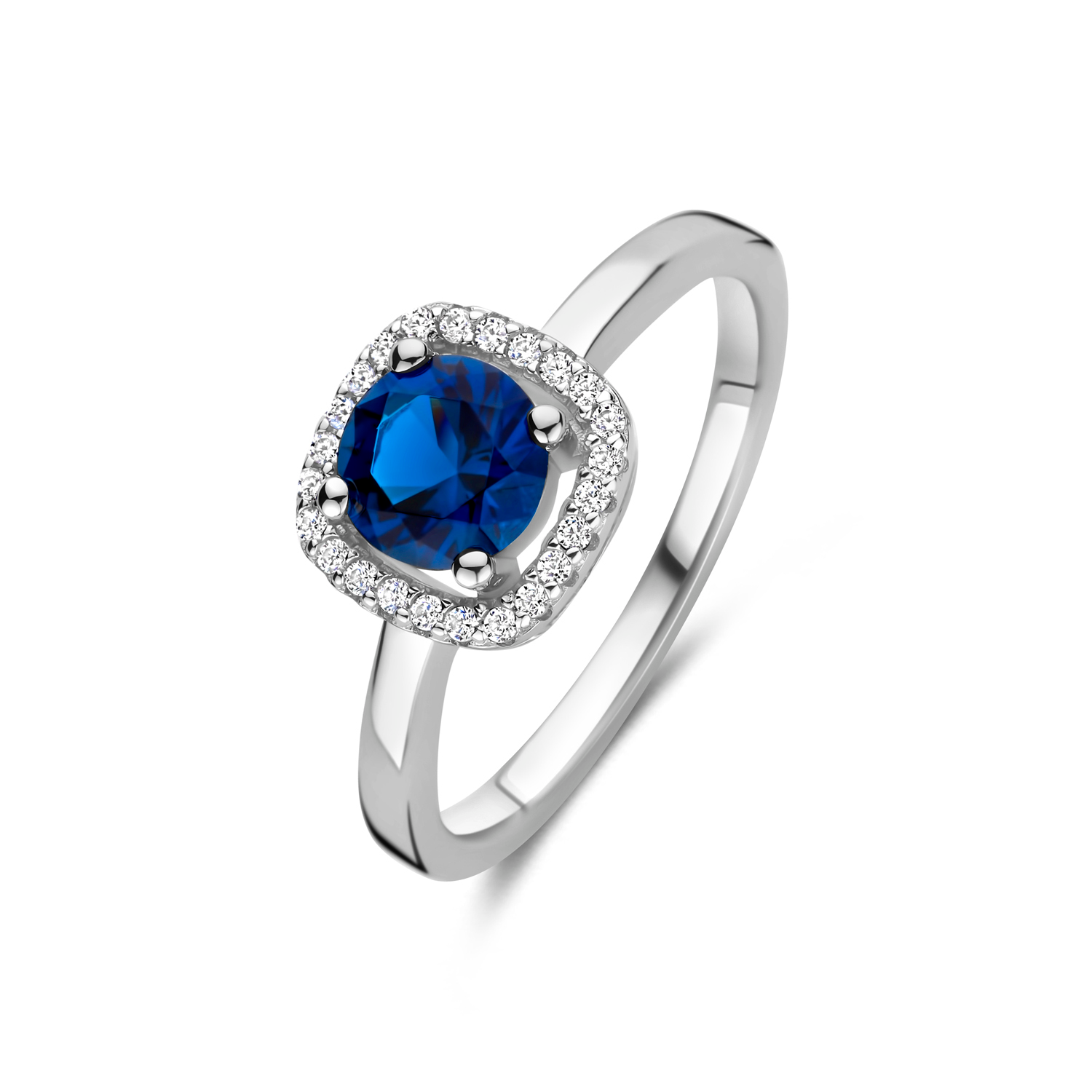629.021.56 Rosa Di Luca zilveren damesring. Vierkant entourage model met london blue en zirkonia. 