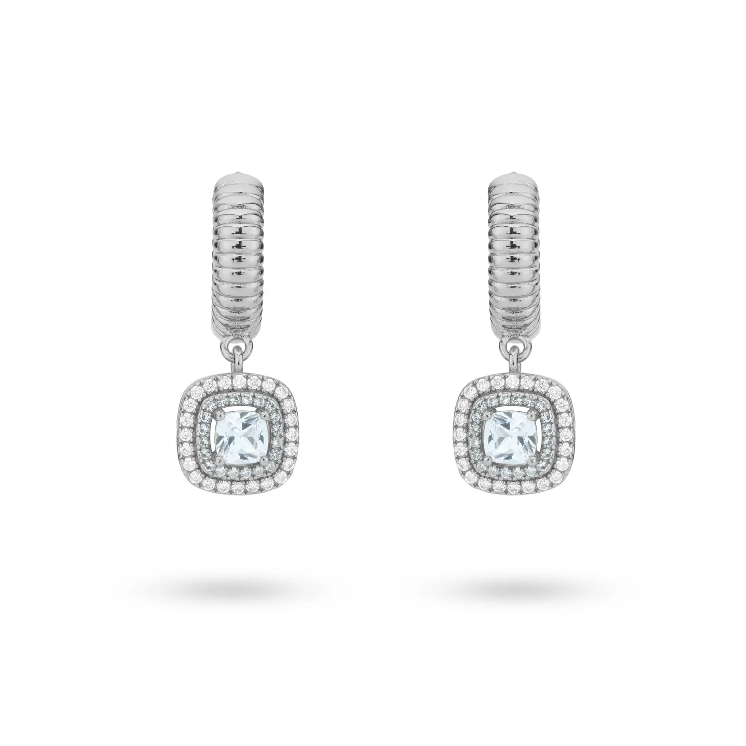 zilveren 24Kae oorhangers, vierkant+ blauw/wit zirconias