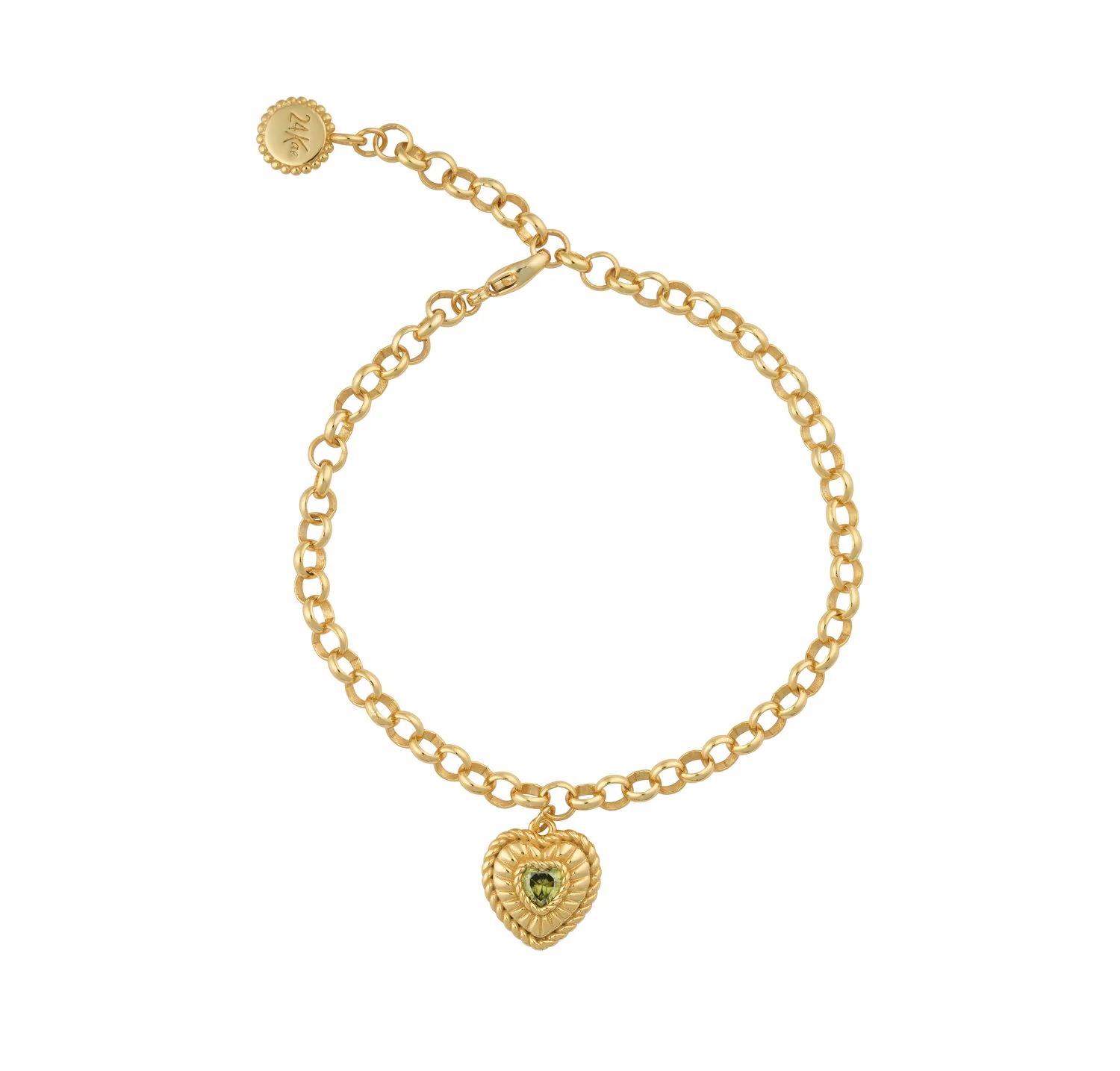zilveren 24Kae armband, verguld jass+ hart groen cz