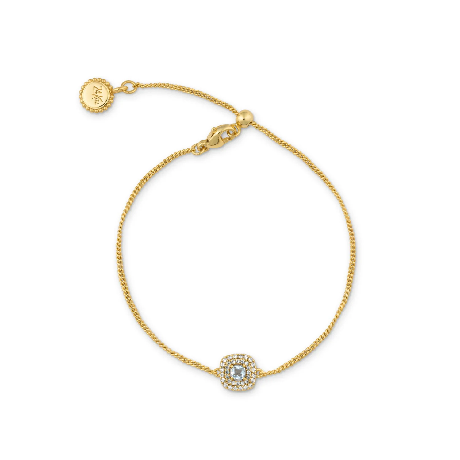 zilveren 24Kae armband, verguld vierkant+ blauw/wit cz