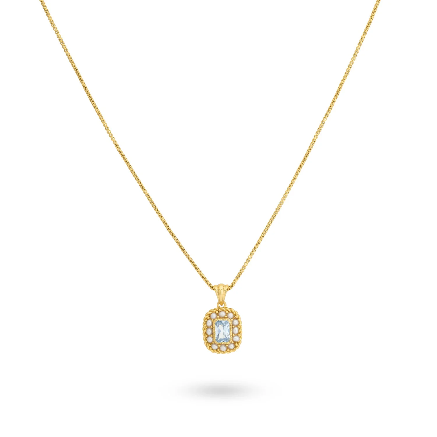 zilveren 24Kae collier, verguld+ rechthoek parels/blauw cz