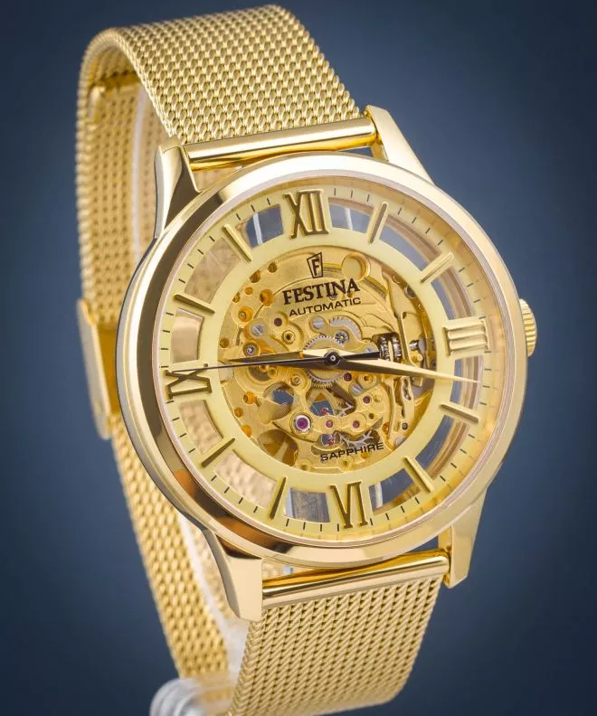 The Festina Automatic Skeleton Sapphire F20667/1 men's watch is an original addition to a man's closet. Both the round envelope and the mesh bracelet are made of PVD gold-plated stainless steel. The skeleton dial is protected from damage by a hard sapphire glass. The correct operation of the whole is ensured by an automatic mechanism. Water resistance of 50 meters protects it from major splashes.
