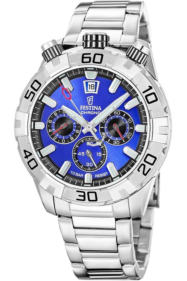 Description
This is an automatically translated text.
sporty men's watch in a new design with buttons on the top of the case, chronograph quartz movement Cal. Movimiento Vd57c, SR920SW battery, date display at 12 o'clock, blue sunray dial with 3 totalizers, stop function in 1/10 second increments, luminescent silver-coloured hands and indices, central seconds hand, partially satin-finished 316L stainless steel case, bezel with black minute markers, engraved case back secured with 4 screws, crown and 2 push-buttons on the top of the case, scratch-resistant mineral glass, adjustable stainless steel link bracelet, matt/polished, safety folding clasp with engraved logo, water-resistant to 10 bar, case diameter 45 mm, case height 14 mm