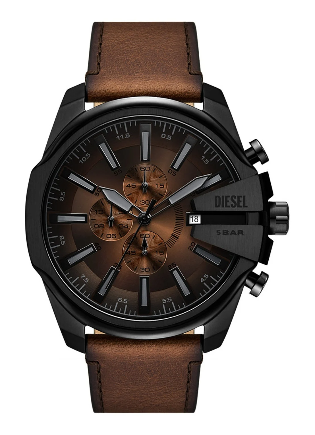 De DIESEL Mega Chief Slim horloge DZ4692 heeft een roestvrijstalen kast van 48mm, een bruine band en geen datumaanduiding. Het is een polshorloge, ideaal voor dagelijks gebruik met een casual of zakelijke outfit. Draag het met stijlvolle, bijpassende accessoires om je look compleet te maken. Perfect voor elke gelegenheid.