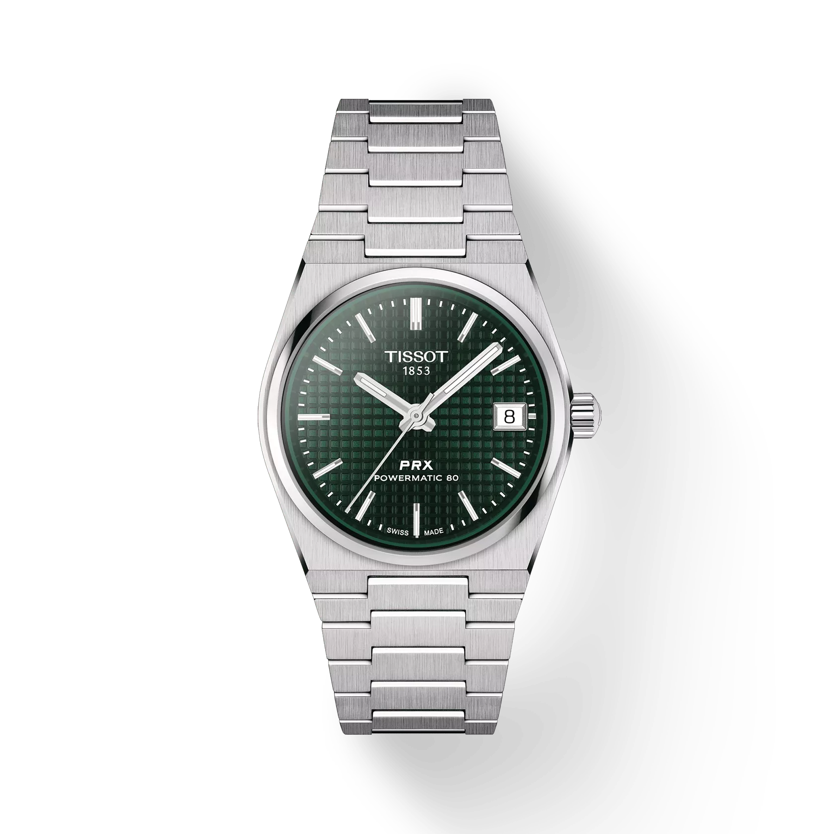 Een Tissot horloge model PRX Powermatic 80 met een groene wijzerplaat en stalen band.