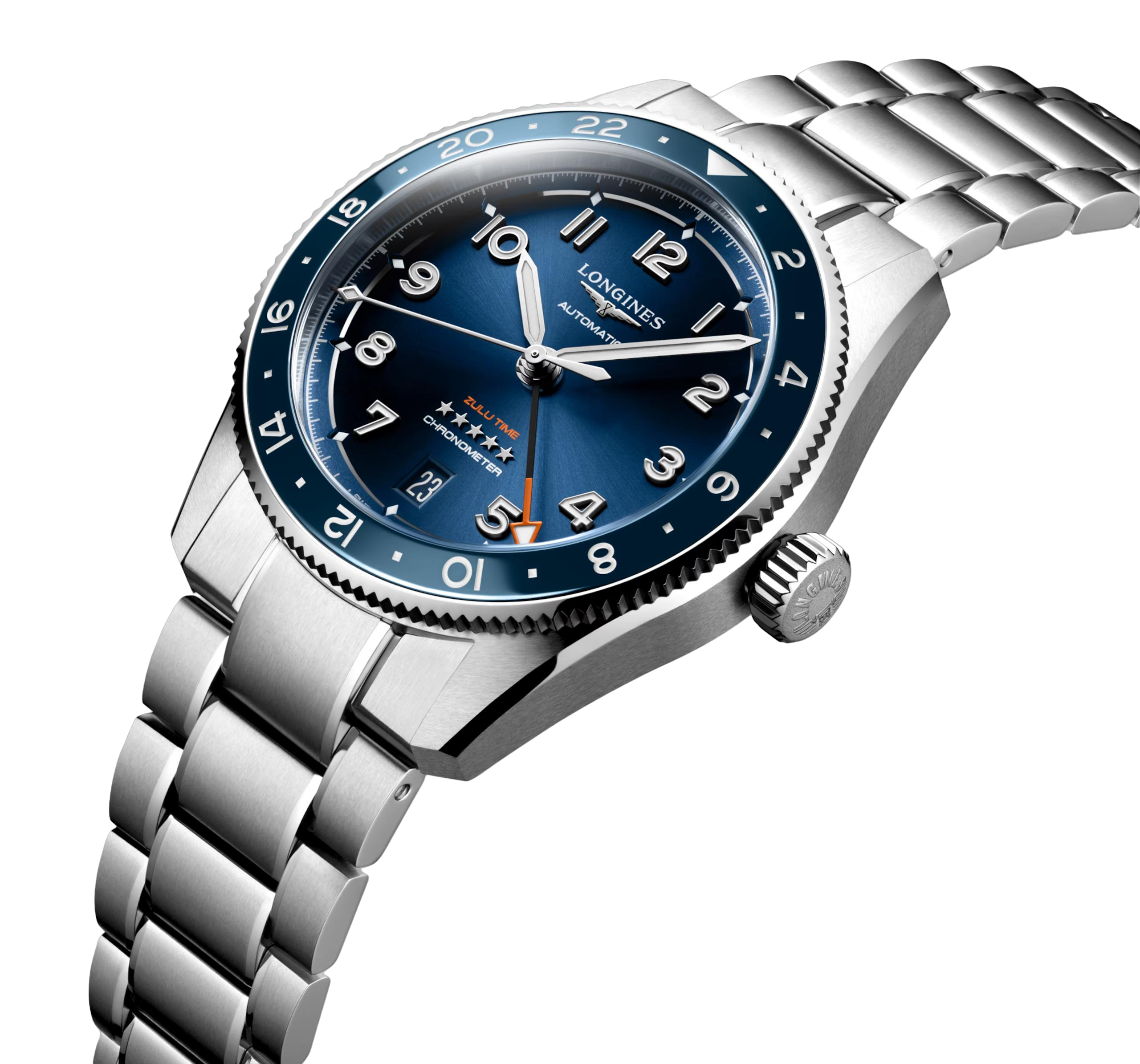 LONGINES SPIRIT ZULU TIME, L3.802.4.93.6, automaat horloge, Ø 39.00 mm, roestvrij staal en keramische ring.
Gmt datum, zelfopwindend mechanisch uurwerk met 25.200 vibraties per uur, een balansveer van monokristallijn silicium en een gangreserve van ongeveer 72 uur.

Tweezijdig draaibare ring geschroefde kroon, tot 10 bar, krasbestendig saffierglas met meerdere lagen anti-reflecterende coating aan beide zijden.

Sunray blauw wijzerplaat, zwitsers super-luminova®.

Roestvrij staal band, met tweevoudige vouwsluiting en drukknoppen.