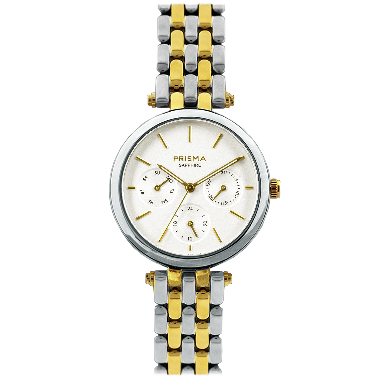 Prisma horloge P3001 TOISE dames multifunctie edelstaal saffierglas 5 ATM 

Algemeen
Geslacht: dames
Model: P.3001

Voordelen
- band edelstaal zilver/goud (bicolor)
- multi-functie
- wijzerplaat off-white met goudkleurige streepjes
- glasis zeer krasvast
- compacte sluiting met extra draagcomfort
- 24 uurs aanduiding
- dagwijzer
- quartz
- maat kast 32 mm (breedte) 8 mm (dikte)

