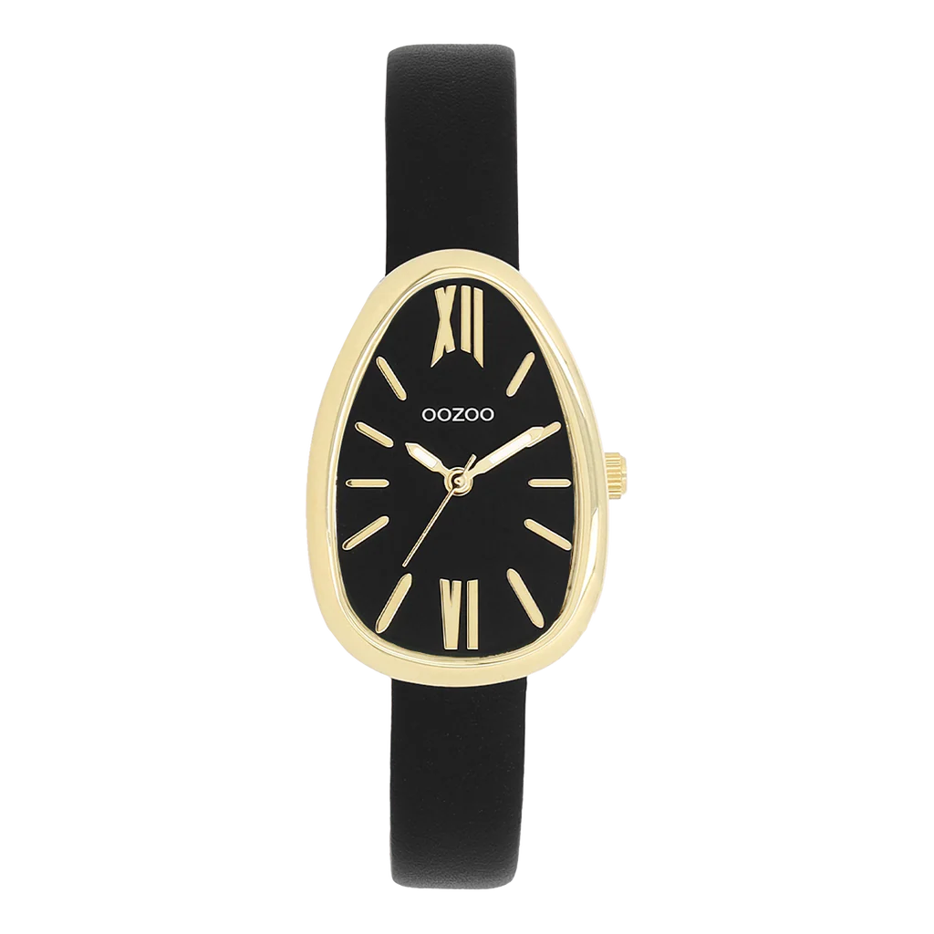 OOZOO Timepieces-collectie. De C11640 heeft een zwarte leren band en een 31x22 mm goudkleurige metalen horlogekast. Maak een echt fashion statement met deze zwarte wijzerplaat, goudkleurige strepen, Romeinse cijfers en bijpassende wijzers. Dit onmisbare horloge voor je garderobe heeft mineraalglas, een roestvrijstalen achterplaat en is nikkelbestendig. Dit horloge heeft een 2ATM Japans uurwerk en wordt geleverd met 2 jaar garantie
