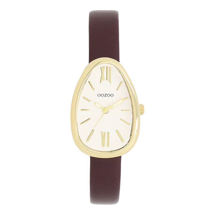 Val op met dit prachtige eivormige dameshorloge uit de trendy OOZOO Timepieces-collectie. De C11635 heeft een vijgenrode leren band en een 31x22 mm goudkleurige metalen horlogekast. Maak een echt fashion statement met deze witte wijzerplaat, goudkleurige strepen, Romeinse cijfers en bijpassende wijzers. Dit onmisbare horloge voor je garderobe heeft mineraalglas, een roestvrijstalen achterplaat en is nikkelbestendig. Dit horloge heeft een 2ATM Japans uurwerk en wordt geleverd met 2 jaar garantie