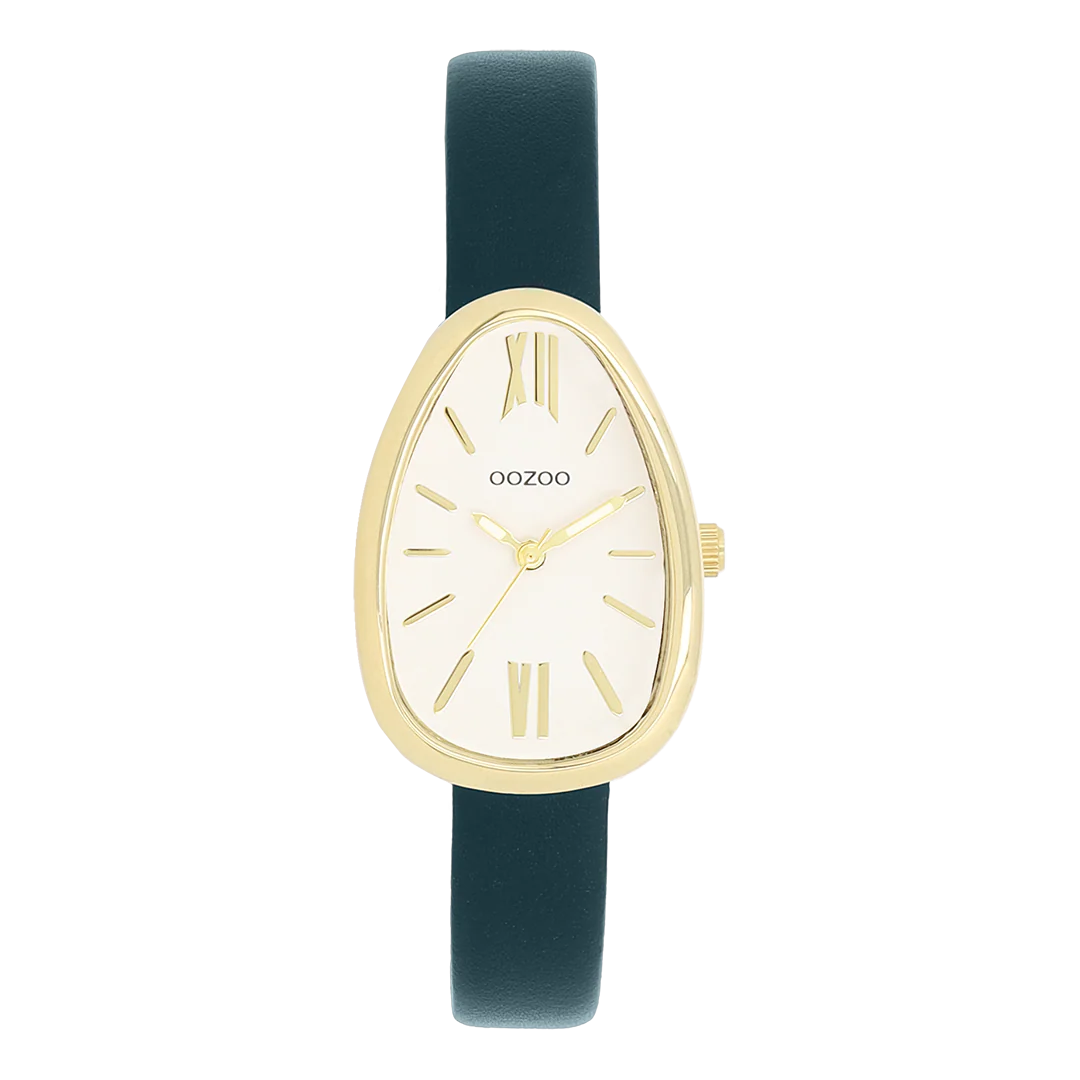 Val op met dit prachtige eivormige dameshorloge uit de trendy OOZOO Timepieces-collectie. De C11636 heeft een donkergroene leren band en een 31x22 mm goudkleurige metalen horlogekast. Je maakt een echt fashion statement met deze witte wijzerplaat, goudkleurige strepen, Romeinse cijfers en bijpassende wijzers. Dit onmisbare horloge voor je garderobe heeft mineraalglas, een roestvrijstalen achterplaat en is nikkelbestendig. Dit horloge heeft een 2ATM Japans uurwerk en wordt geleverd met 2 jaar garantie