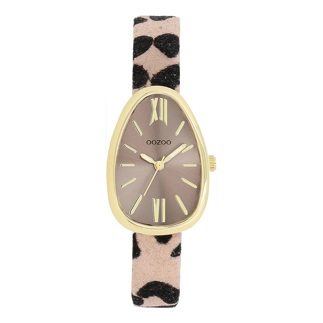 Val op met dit prachtige eivormige dameshorloge uit de trendy OOZOO Timepieces-collectie. De C11638 heeft een bruin/zwarte leren band met luipaardprint en een 31x22 mm goudkleurige metalen horlogekast. Maak een echt fashion statement met deze taupekleurige sunray wijzerplaat, goudkleurige strepen, Romeinse cijfers en bijpassende wijzers. Dit onmisbare horloge voor je garderobe heeft mineraalglas, een roestvrijstalen achterplaat en is nikkelbestendig. Dit horloge heeft een 2ATM Japans uurwerk en wordt geleverd met 2 jaar garantie