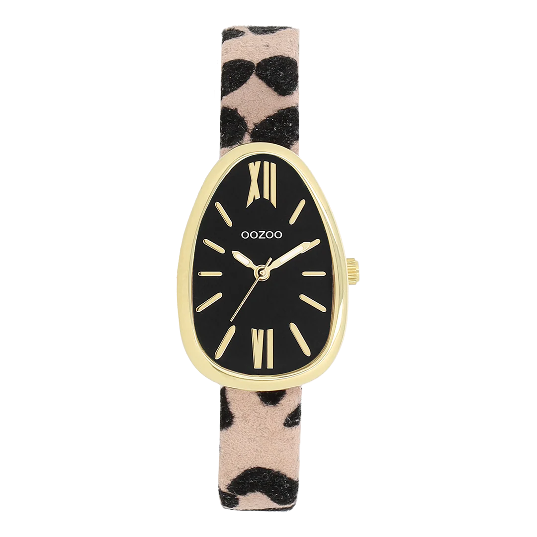Val op met dit prachtige eivormige dameshorloge uit de trendy OOZOO Timepieces-collectie. De C11639 heeft een bruin/zwarte leren band met luipaardprint en een 31x22 mm goudkleurige metalen horlogekast. Je maakt een echt fashion statement met deze zwarte wijzerplaat, goudkleurige strepen, Romeinse cijfers en bijpassende wijzers. Dit onmisbare horloge voor je garderobe heeft mineraalglas, een roestvrijstalen achterplaat en is nikkelbestendig. Dit horloge heeft een 2ATM Japans uurwerk en wordt geleverd met 2 jaar garantie 
