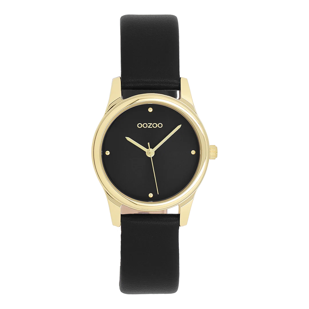 Val op met dit prachtige ronde dameshorloge uit de trendy OOZOO Timepieces-collectie. De C11629 heeft een zwarte leren band en een 28 mm goudkleurige metalen horlogekast. Maak een echt fashion statement met deze zwarte sunray wijzerplaat, goudkleurige stippen en bijpassende wijzers. Dit onmisbare horloge voor je garderobe heeft mineraalglas, een roestvrijstalen achterplaat en is nikkelbestendig. Dit horloge heeft een 2ATM Japans uurwerk en wordt geleverd met 2 jaar garantie