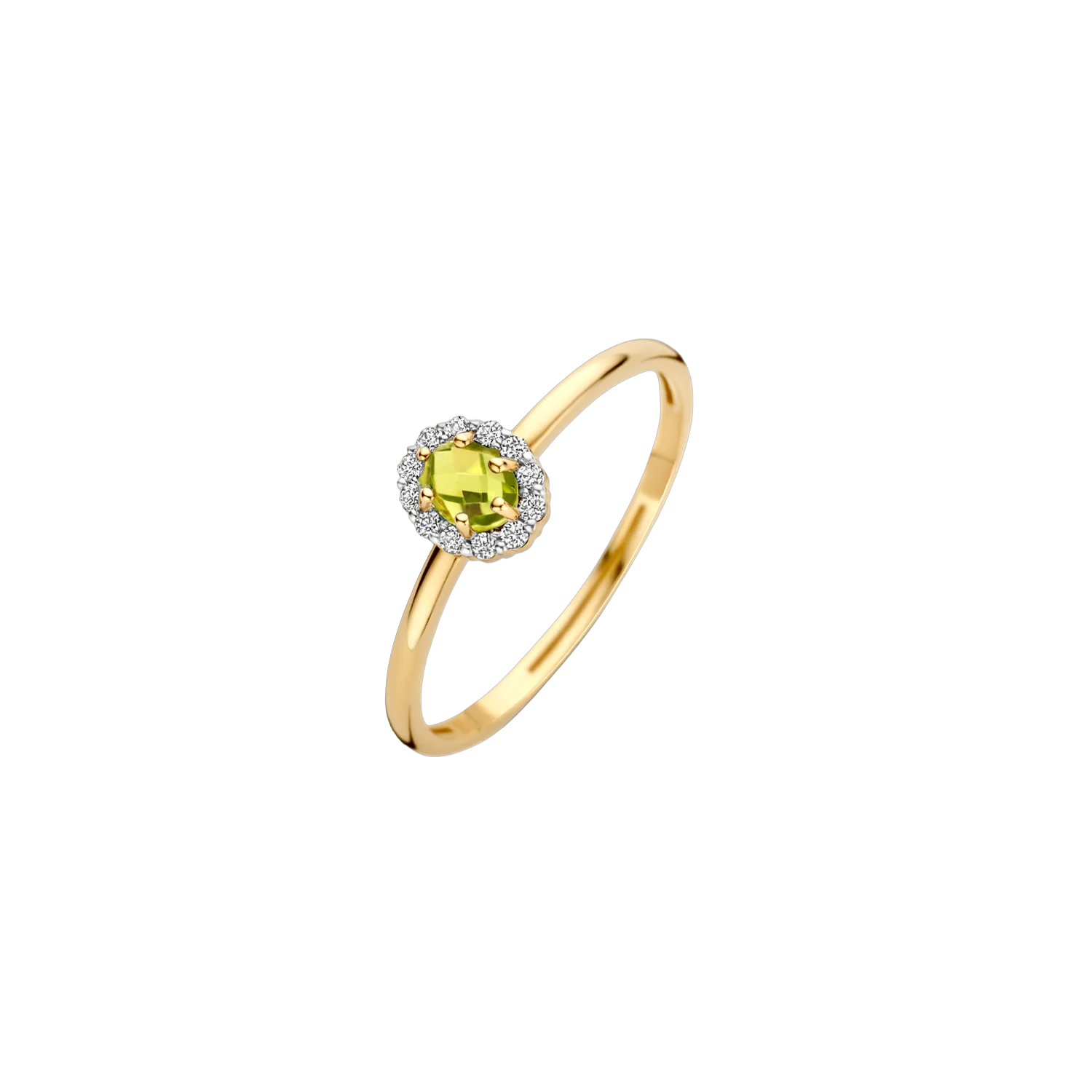 Blush - Geelgouden damesring bezet met zirconia's en groene peridoot - 1258YGP/54