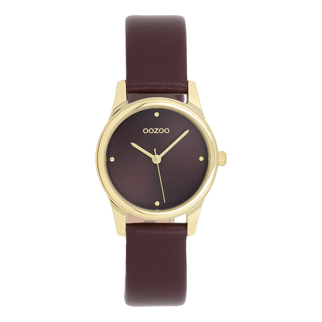 Val op met dit prachtige ronde dameshorloge uit de trendy OOZOO Timepieces-collectie. De C11627 heeft een figrode leren band en een 28 mm goudkleurige metalen horlogekast. Maak een echt fashion statement met deze figrode sunray wijzerplaat, goudkleurige stippen en bijpassende wijzers. Dit onmisbare horloge voor je garderobe heeft mineraalglas, een roestvrijstalen achterplaat en is nikkelbestendig. Dit horloge heeft een 2ATM Japans uurwerk en wordt geleverd met 2 jaar garantie
