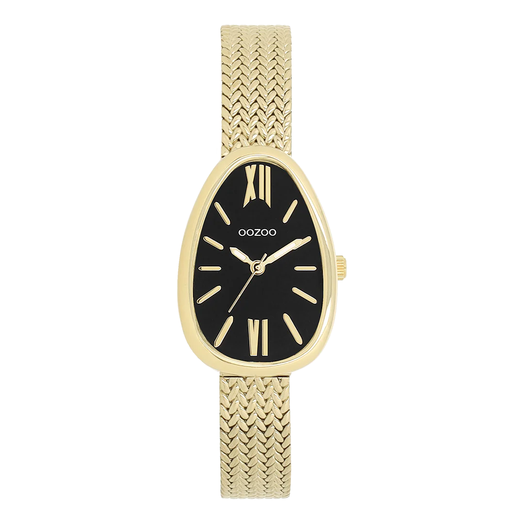 Val op met dit prachtige eivormige dameshorloge uit de trendy OOZOO Timepieces-collectie. De C11643 heeft een goudkleurige metalen V-mesh-band en een 31x22 mm goudkleurige metalen horlogekast. Je maakt een echt fashion statement met deze zwarte wijzerplaat, goudkleurige strepen, Romeinse cijfers en bijpassende wijzers. Dit onmisbare horloge voor je garderobe heeft mineraalglas, een roestvrijstalen achterplaat en is nikkelbestendig. Dit horloge heeft een 2ATM Japans uurwerk en wordt geleverd met 2 jaar garantie.