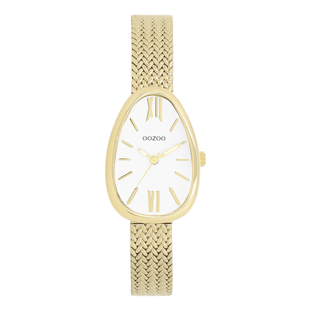 Val op met dit prachtige eivormige dameshorloge uit de trendy OOZOO Timepieces-collectie. De C11641 heeft een goudkleurige metalen V-mesh-band en een goudkleurige metalen horlogekast van 31x22 mm. Maak een echt fashion statement met deze witte wijzerplaat, goudkleurige strepen, Romeinse cijfers en bijpassende wijzers. Dit onmisbare horloge voor je garderobe heeft mineraalglas, een roestvrijstalen achterplaat en is nikkelbestendig. Dit horloge heeft een 2ATM Japans uurwerk en wordt geleverd met 2 jaar garantie.