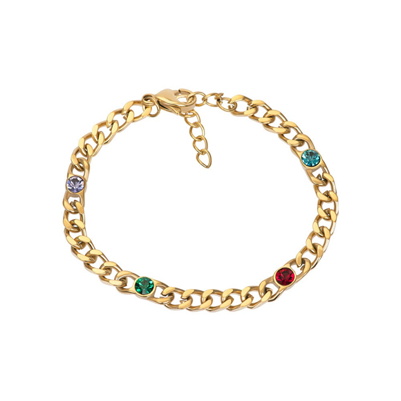 IXXXI armband stainless steel goudkleurig. De armband heeft een platte schakel met gekleurde zirconia's stenen. 