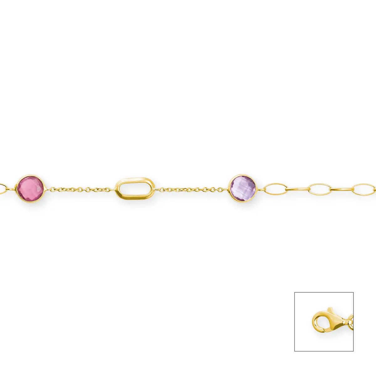 14K geelgouden armband met amethist, robijn en granaat.