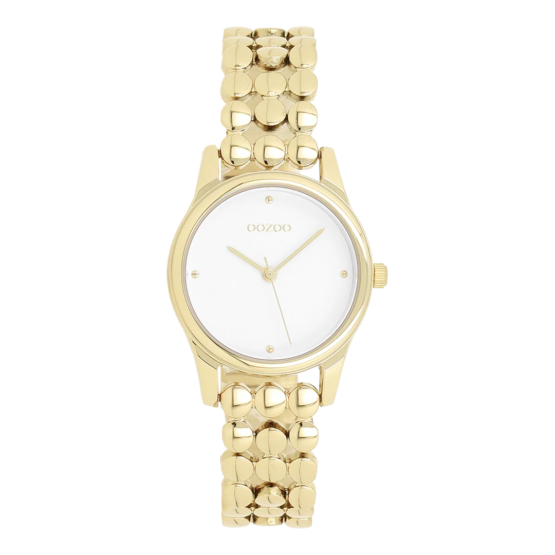 Val op met dit prachtige ronde dameshorloge uit de trendy OOZOO Timepieces-collectie. De C11631 heeft een glanzende goudkleurige schakelband met stippen en een 28 mm goudkleurige metalen horlogekast. Maak een echt fashion statement met deze witte wijzerplaat, goudkleurige cijfers met stippen en bijpassende wijzers. Dit onmisbare horloge voor je garderobe heeft mineraalglas, een roestvrijstalen achterplaat en is nikkelbestendig. Dit horloge heeft een 2ATM Japans uurwerk en wordt geleverd met 2 jaar garantie.