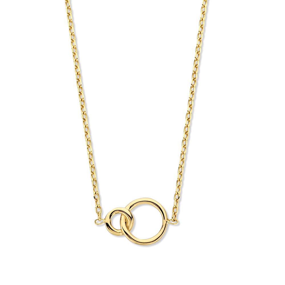 Gouden collier met geslepen ankerschakel en twee verbonden cirkels.
