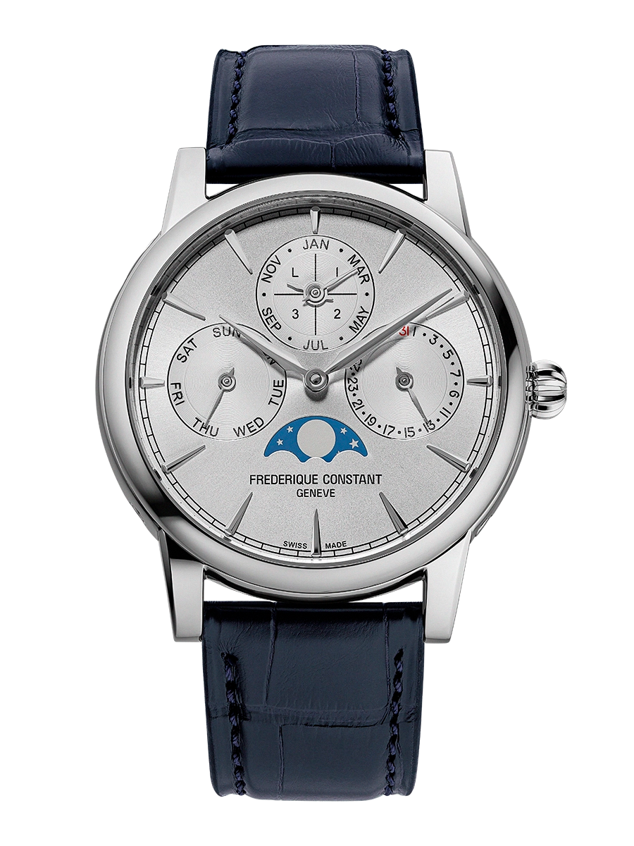 FREDEROQUE CONSTANT FC-776S3H6 met Klassieke eeuwigdurende kalender.
De Frederique Constant Classic Perpetual Calendar Manufacture heeft een nieuwe kast van 40 mm en is voorzien van het in eigen huis vervaardigde kaliber FC-776, het 34e uurwerk van het merk, dat nu een gangreserve van drie dagen biedt. Verbeterd in kwaliteit, afwerking en technische kenmerken, blijft het tijdloos vakmanschap belichamen.
Tijdloze elegantie: de Classic Perpetual Calendar Manufacture, nu met een zilveren wijzerplaat
Bij de lancering in 2016 werd de Classic Perpetual Calendar Manufacture van Frederique Constant erkend als de meest betaalbare eeuwigdurende kalender op de horlogemarkt. Vandaag de dag legt het horloge de lat nog hoger op het gebied van kwaliteit, afwerking van de componenten en de technische kenmerken van het uurwerk. De wijzerplaat heeft nu een kleur die favoriet is bij verzamelaars: een zilveren versie op een stalen kast, verkrijgbaar met een diameter van 40 mm. De nieuwe Classic-kast herbergt het nieuwe kaliber Manufacture FC-776, het 34e dat intern is ontwikkeld door de horlogemaker uit Genève, met een gangreserve van drie dagen.
