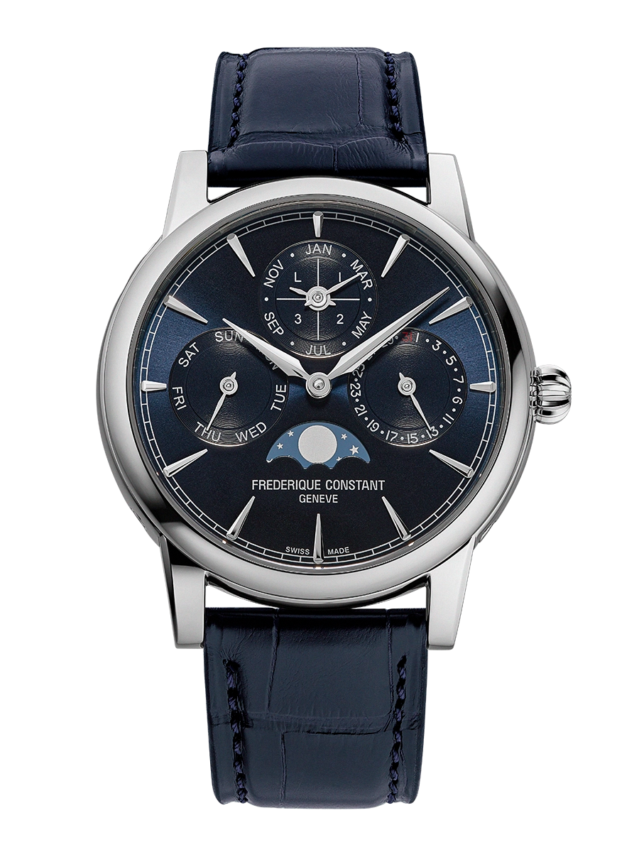 FREDEROQUE CONSTANT FC-776N3H6 met Klassieke eeuwigdurende kalender.
De Frederique Constant Classic Perpetual Calendar Manufacture heeft een nieuwe kast van 40 mm en is voorzien van het in eigen huis vervaardigde kaliber FC-776, het 34e uurwerk van het merk, dat nu een gangreserve van drie dagen biedt. Verbeterd in kwaliteit, afwerking en technische kenmerken, blijft het tijdloos vakmanschap belichamen.
Tijdloze elegantie: de Classic Perpetual Calendar Manufacture, nu met een diep blauwe wijzerplaat.
Bij de lancering in 2016 werd de Classic Perpetual Calendar Manufacture van Frederique Constant erkend als de meest betaalbare eeuwigdurende kalender op de horlogemarkt. Vandaag de dag legt het horloge de lat nog hoger op het gebied van kwaliteit, afwerking van de componenten en de technische kenmerken van het uurwerk. De wijzerplaat heeft nu een kleur die favoriet is bij verzamelaars: een zilveren versie op een stalen kast, verkrijgbaar met een diameter van 40 mm. De nieuwe Classic-kast herbergt het nieuwe kaliber Manufacture FC-776, het 34e dat intern is ontwikkeld door de horlogemaker uit Genève, met een gangreserve van drie dagen.