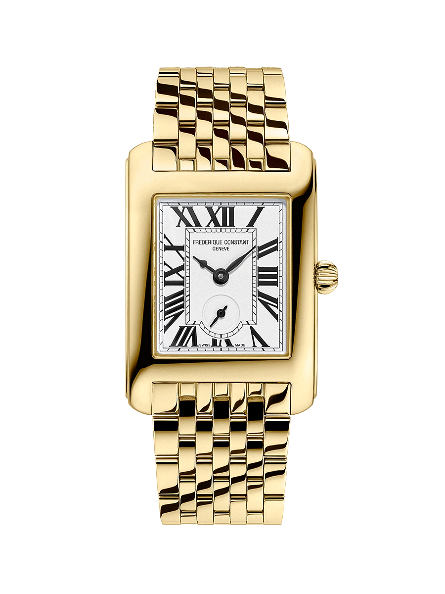 Dit Frederique Constant horloge behoort tot de Classics collectie.
Referentienummer: FC-235S2C5B

Dit Frederique Constant horloge is uitgerust met een quartzuurwerk. Het goudkleurige stalen horloge heeft een 36mm stalen kast en chique aansluitende band. De Classics Carrée-stijl roept de Art Déco-geest van de jaren 20 en 30 op, met rechte, strakke lijnen en gedetailleerde vormen.

De rechthoekige kast herbergt een zilverkleurige wijzerplaat met minutenwijzer en een kleine onafhankelijke secondewijzer op 6 uur. De uurmarkeringen, geschreven in Romeinse cijfers, lopen parallel aan de minutenwijzer op de wijzerplaat.
