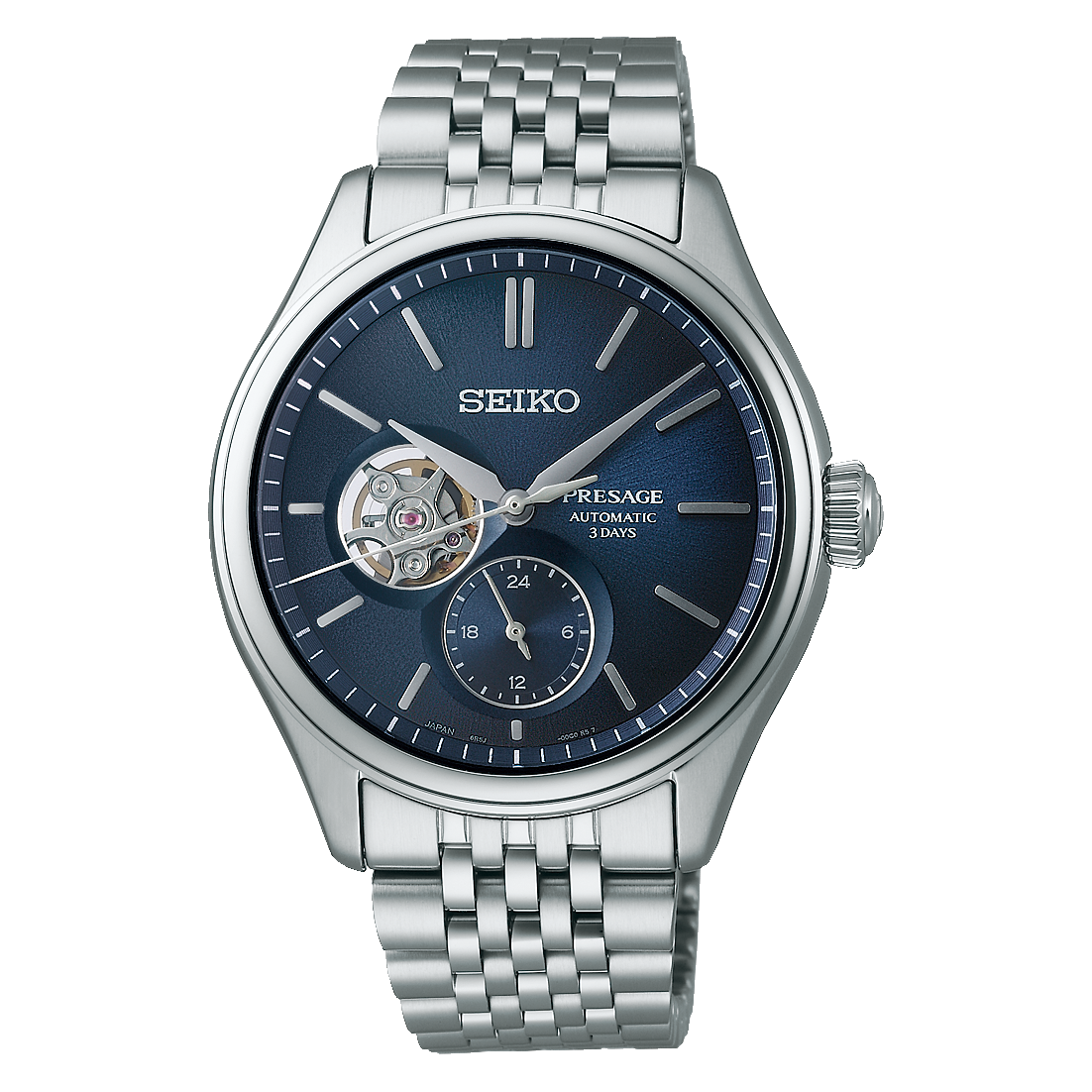 Dit Seiko horloge behoort tot de Presage collectie.
Referentienummer: SPB527J1

Dit Seiko horloge is uitgerust met een automatisch kaliber 6R5J met een gangreserve van 72 uur. Het uurwerk is te zien door de opengewerkte blauwe wijzerplaat. De wijzerplaat is geïnspireerd door 'Ai iro', een japanse indigokleur die al sinds de oudheid populair is en wereldwijd hoog aangeschreven staat. De kleur werd in het samuraitijdperk als gelukdskleur gezien en werd in de Meiji-periode 'Japans blauw' genoemd, omdat de stad vol was van stoffen die met Ai iro geverfd waren. DE wijzerplaat is voorzien van een open heart functie op 3 uur en 24-uurs aanduiding op 6 uur. De 40.2mm kast en band zijn gemaakt van staal. Het horloge is getest op een waterdichtheid van 10 ATM / 100 M en is voorzien van een krasvrij saffierglas.