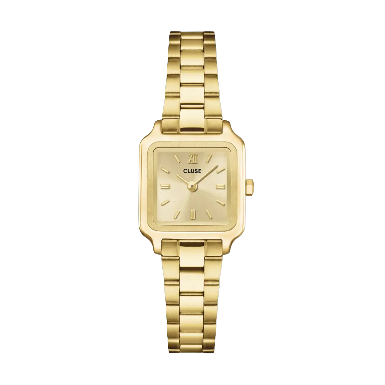 Het vierkante Gracieuse Mini horloge voor dames heeft een 21 mm goudkleurige kast en wijzerplaat, en een 12 mm roestvrijstalen bandje.

Personaliseer je horloge eenvoudig met elk CLUSE 12 mm-bandje. Je kunt de maat van het bandje zelf aanpassen.

Bekijk Gracieuse en Gracieuse Petite voor meer maatopties voor dit horloge.