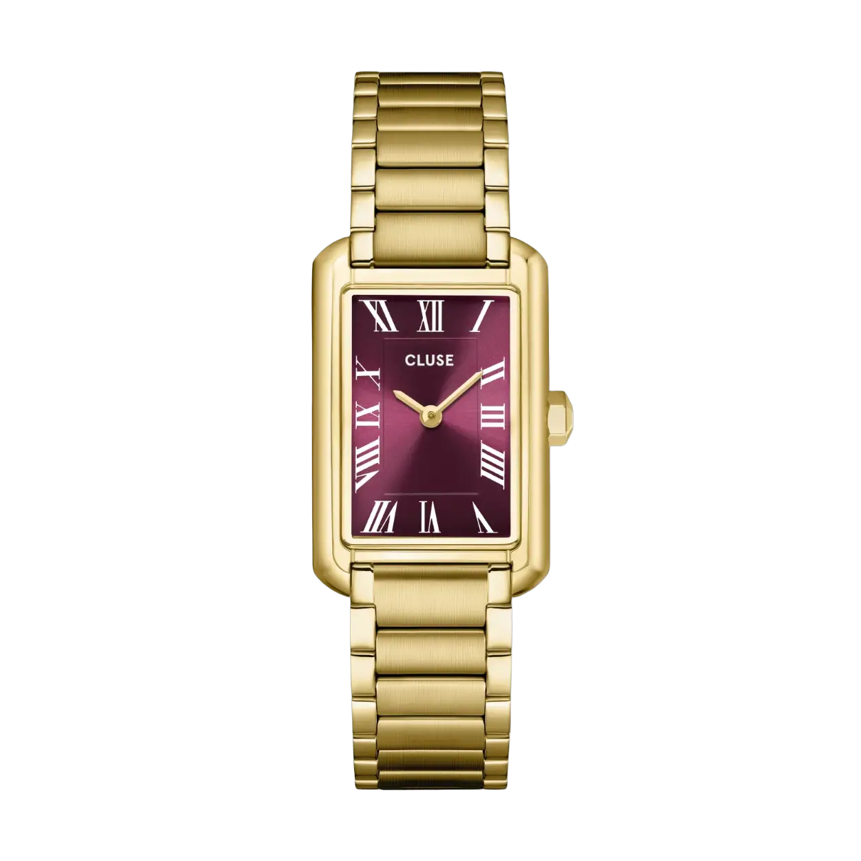 Het rechthoekige Belisenna horloge voor dames heeft een goudkleurige kast van 21 mm, een wijnrode wijzerplaat en een goudkleurig roestvrijstalen bandje van 14 mm.

Personaliseer je horloge eenvoudig met elk CLUSE 14 mm-bandje. De maat van het horlogebandje pas je gemakkelijk zelf aan.