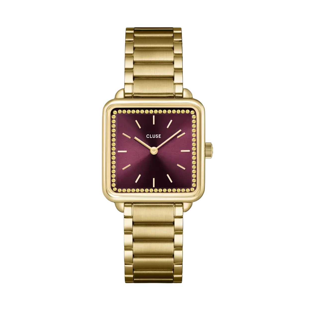 Het vierkante La Tétragone horloge voor dames heeft een 28,5 mm goudkleurige kast, een wijnrode wijzerplaat versierd met goudkleurige steentjes op de wijzerplaat en een 16 mm goudkleurig roestvrijstalen bandje.

Personaliseer je horloge eenvoudig met elk CLUSE 16 mm-bandje. De maat van het horlogebandje pas je gemakkelijk zelf aan.