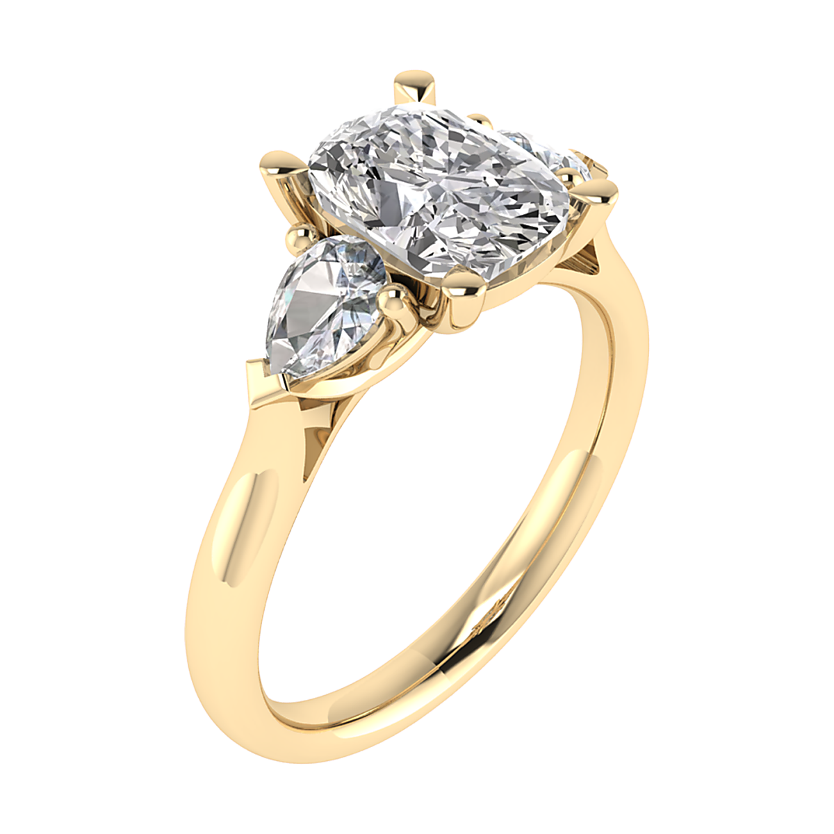 14k geelgouden lab grown diamanten ring, 2 pear shape lab diamanten met totaal 0,45 caraat. de midden diamanten is een cushion cut lab diamant met 0,98 caraat en d kleur. Ring wordt geleverd met een diamanten certificaat