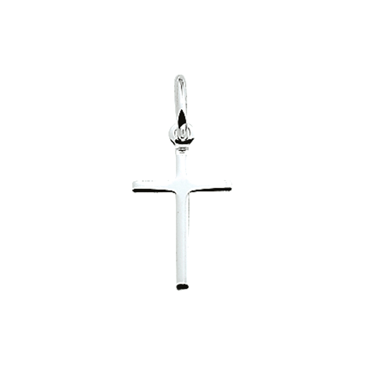 Zilveren hanger in de vorm van een kruis met een afmeting van 15.5x9mm en uitgevoerd met een stevig hangoog.
